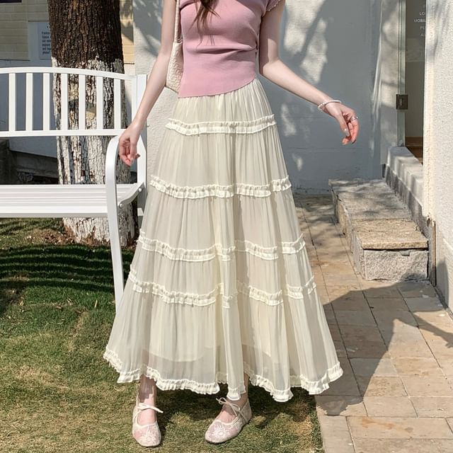 Black Tiered A-Line Maxi Skirt with Ruffles - Altfashion Shop