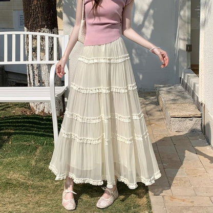 Black Tiered A-Line Maxi Skirt with Ruffles - Altfashion Shop