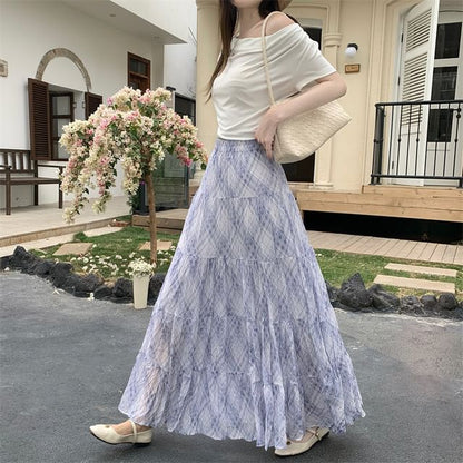 Black Plaid A-Line Maxi Skirt with Tiered Ruffles