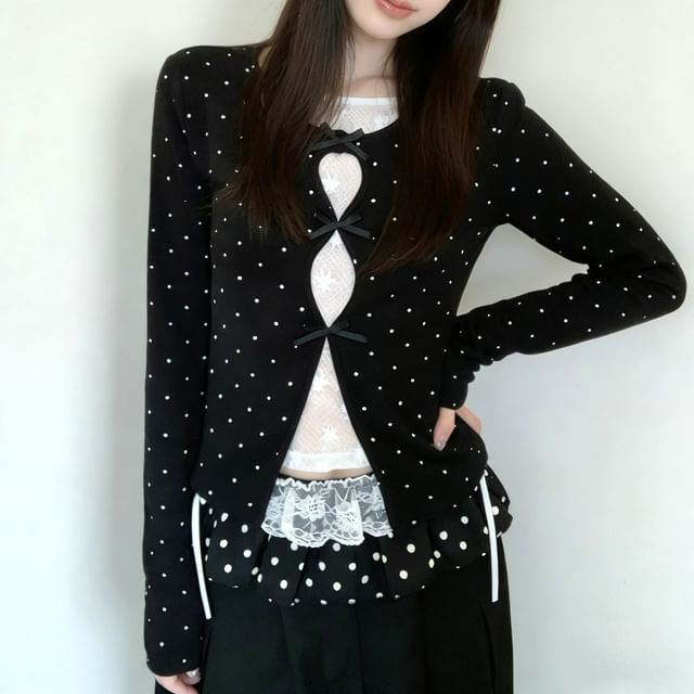 Black Dotted Long-Sleeve Crew Neck Two-Piece Set - Altfashion Shop