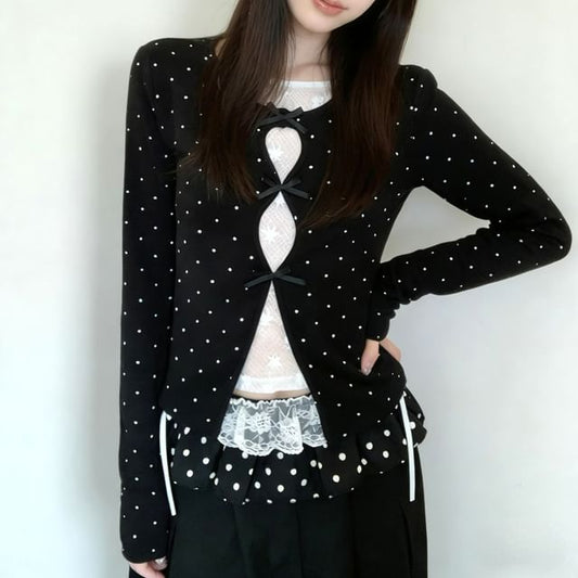 Black Dotted Long-Sleeve Crew Neck Two-Piece Set - Altfashion Shop
