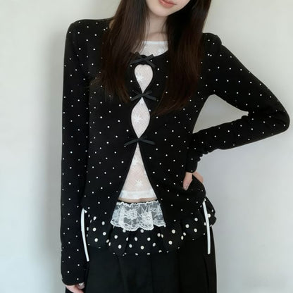 Black Dotted Long-Sleeve Crew Neck Two-Piece Set - Altfashion Shop