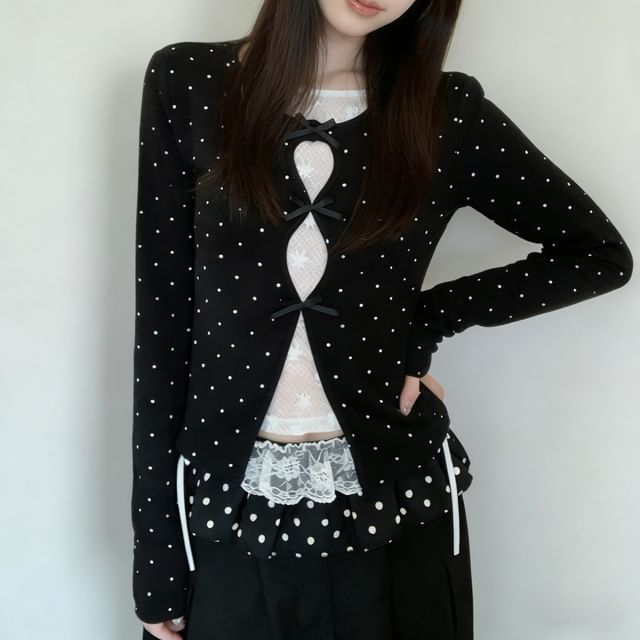 Black Dotted Long-Sleeve Crew Neck Two-Piece Set - Altfashion Shop
