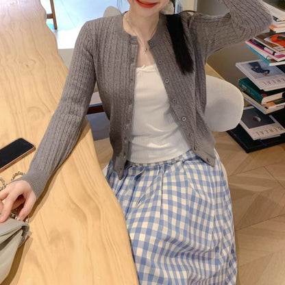 Beige Crew Neck Cable Knit Cardigan - Altfashion Shop