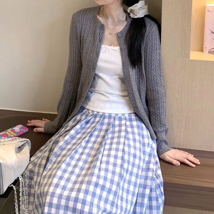 Beige Crew Neck Cable Knit Cardigan - Altfashion Shop