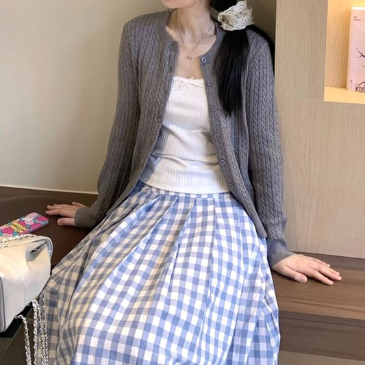 Beige Crew Neck Cable Knit Cardigan - Altfashion Shop