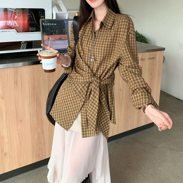 Crimson Plaid Shirt and Midi Skirt Set - Altfashion Shop