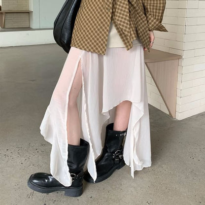Crimson Plaid Shirt and Midi Skirt Set - Altfashion Shop