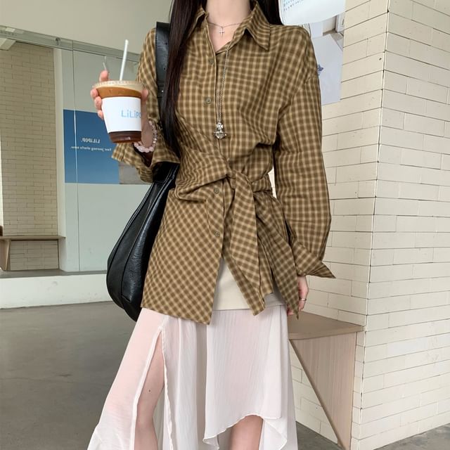 Crimson Plaid Shirt and Midi Skirt Set - Altfashion Shop