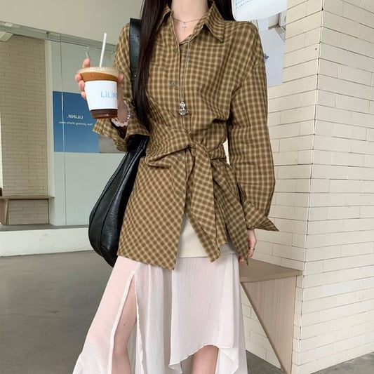 Crimson Plaid Shirt and Midi Skirt Set - Altfashion Shop