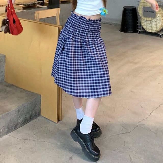 Black Cropped Tee and Plaid Midi Skirt Set - Altfashion Shop