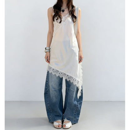 Spaghetti Strap V-Neck Asymmetrical Lace Panel Slit Shift Dress