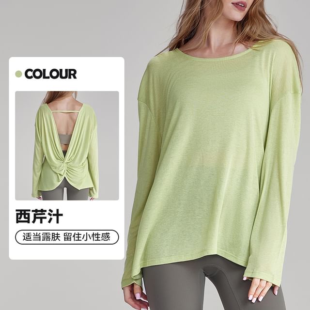 Cutout Back Ruched T-Shirt with Boat Neck and Long Sleeves