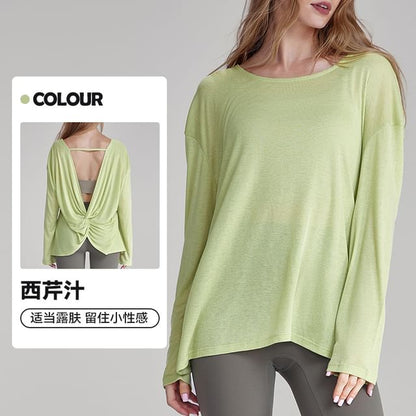 Cutout Back Ruched T-Shirt with Boat Neck and Long Sleeves