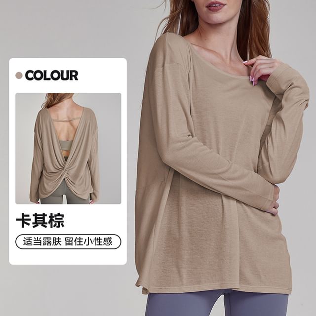Cutout Back Ruched T-Shirt with Boat Neck and Long Sleeves