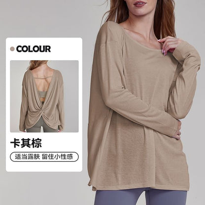Cutout Back Ruched T-Shirt with Boat Neck and Long Sleeves
