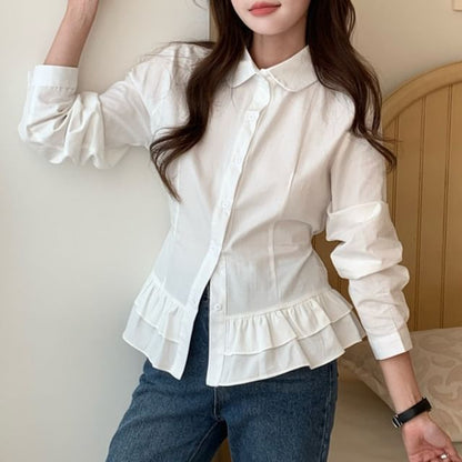 Collared Ruffle Long-Sleeve Shirt
