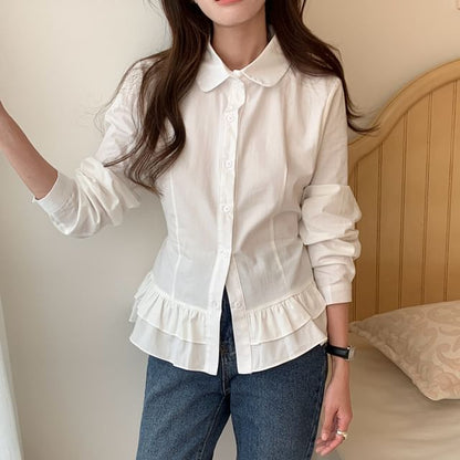 Collared Ruffle Long-Sleeve Shirt