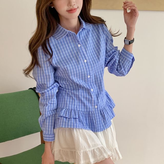 Collared Ruffle Long-Sleeve Shirt