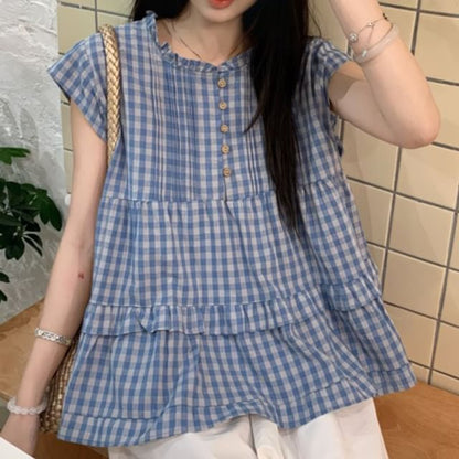 Plaid Pintuck Ruffle Panel Blouse with Cap Sleeves and Round Neckline