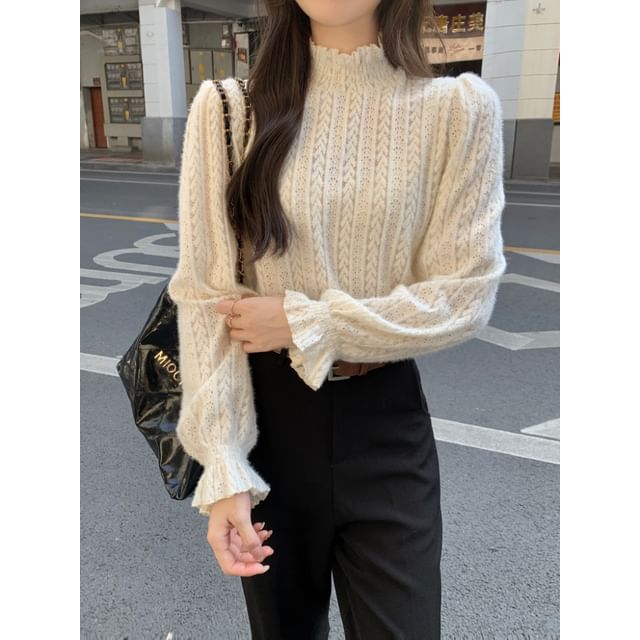 Mock Neck Frill Lace Long-Sleeve Top