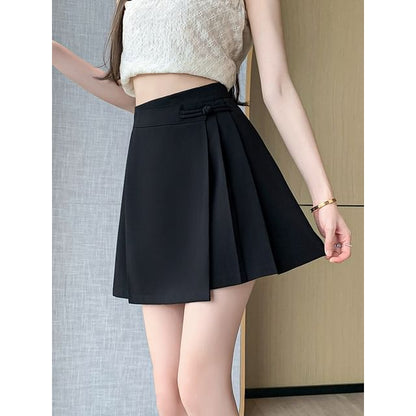 Black High-Waisted Mini Pleated Skirt with Frog Buttons - Altfashion Shop