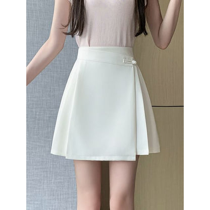 Black High-Waisted Mini Pleated Skirt with Frog Buttons - Altfashion Shop