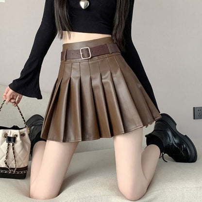 Black Mini A-Line Skirt - Faux Leather High Waist Pleated