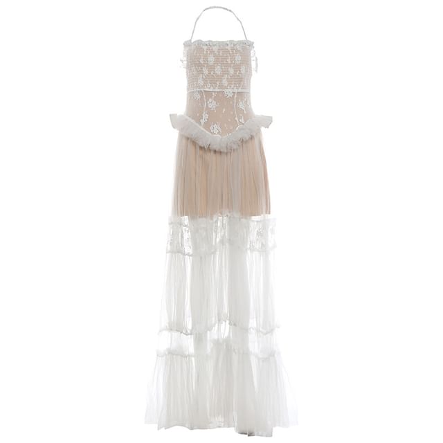 Spaghetti Strap Lace Ruffled-Trim Sheer Maxi A-Line Dress