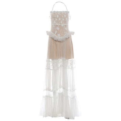 Spaghetti Strap Lace Ruffled-Trim Sheer Maxi A-Line Dress
