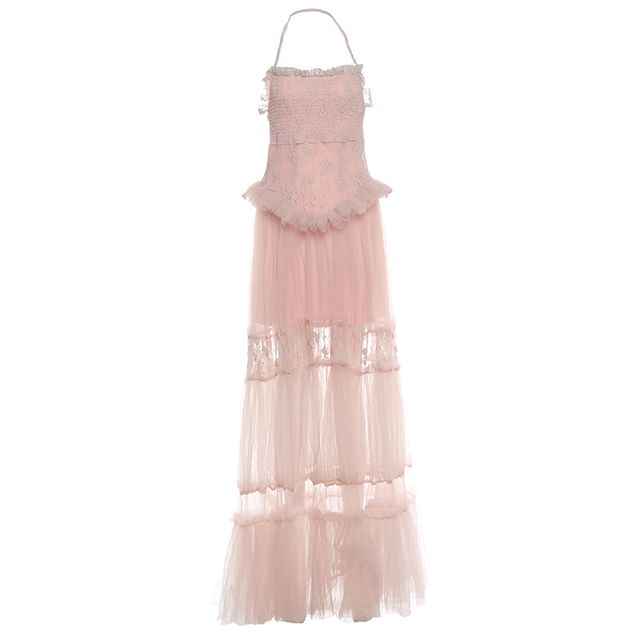 Spaghetti Strap Lace Ruffled-Trim Sheer Maxi A-Line Dress