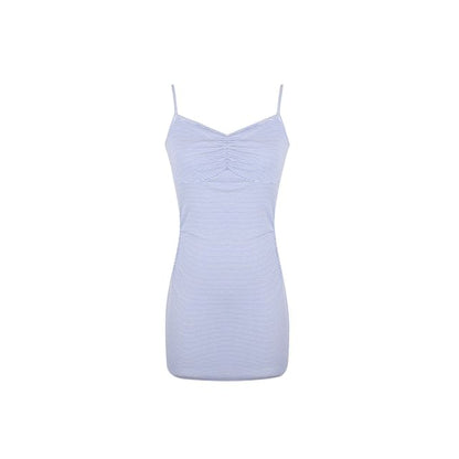 Plain Crop Cardigan / Spaghetti Strap Striped Mini A-Line Dress