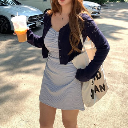 Plain Crop Cardigan / Spaghetti Strap Striped Mini A-Line Dress