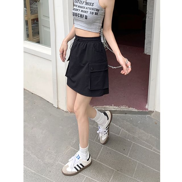 Black Mini A-Line Skirt Stretchy Casual - Altfashion Shop