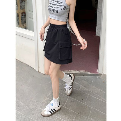 Black Mini A-Line Skirt Stretchy Casual - Altfashion Shop