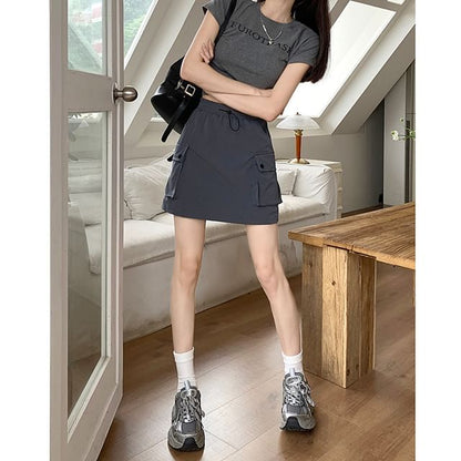 Black Mini A-Line Skirt Stretchy Casual - Altfashion Shop