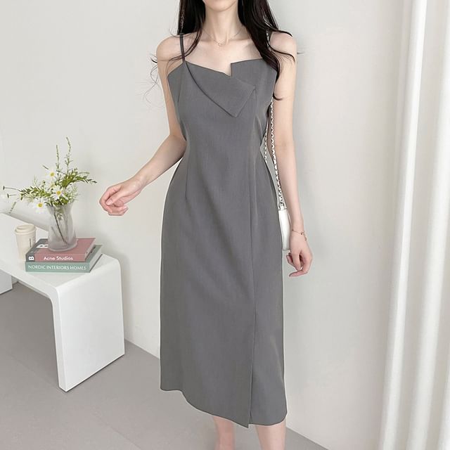 Spaghetti Strap Asymmetrical Plain Midi Sheath Dress