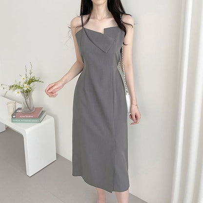 Spaghetti Strap Asymmetrical Plain Midi Sheath Dress