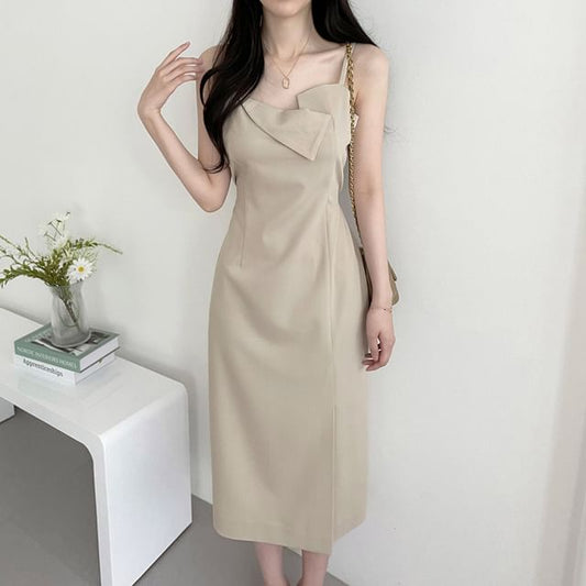 Spaghetti Strap Asymmetrical Plain Midi Sheath Dress
