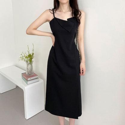 Spaghetti Strap Asymmetrical Plain Midi Sheath Dress