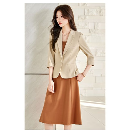 Set: 3/4 Sleeve Notch Lapel Plain Single Breasted Blazer + Spaghetti Strap Plain Midi A-Line Dress