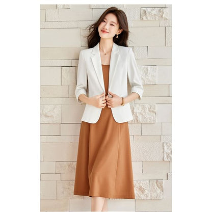 Set: 3/4 Sleeve Notch Lapel Plain Single Breasted Blazer + Spaghetti Strap Plain Midi A-Line Dress