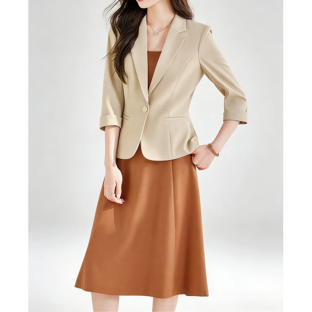 Set: 3/4 Sleeve Notch Lapel Plain Single Breasted Blazer + Spaghetti Strap Plain Midi A-Line Dress