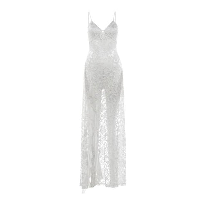 Spaghetti Strap Asymmetrical Keyhole Mini A-Line Lace Dress