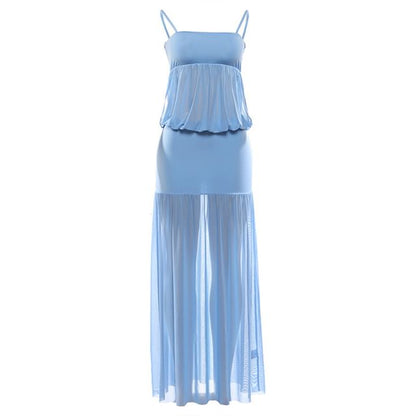 Spaghetti Strap Plain Shirred Maxi A-Line Mesh Dress