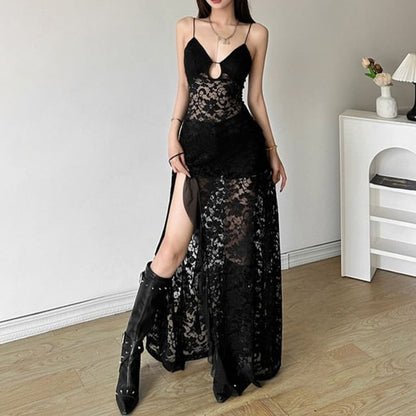 Spaghetti Strap Asymmetrical Keyhole Mini A-Line Lace Dress