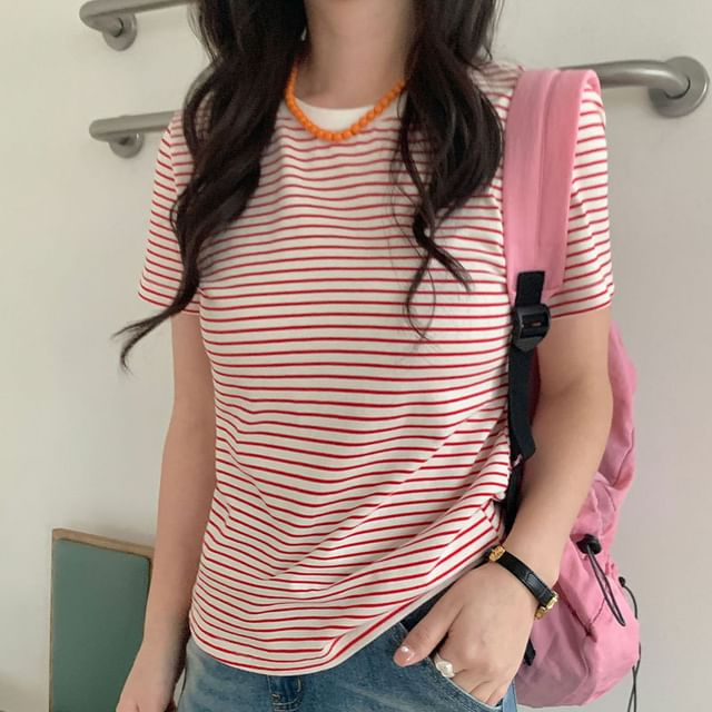 Striped T-Shirt with Short Sleeves and Crew Neck