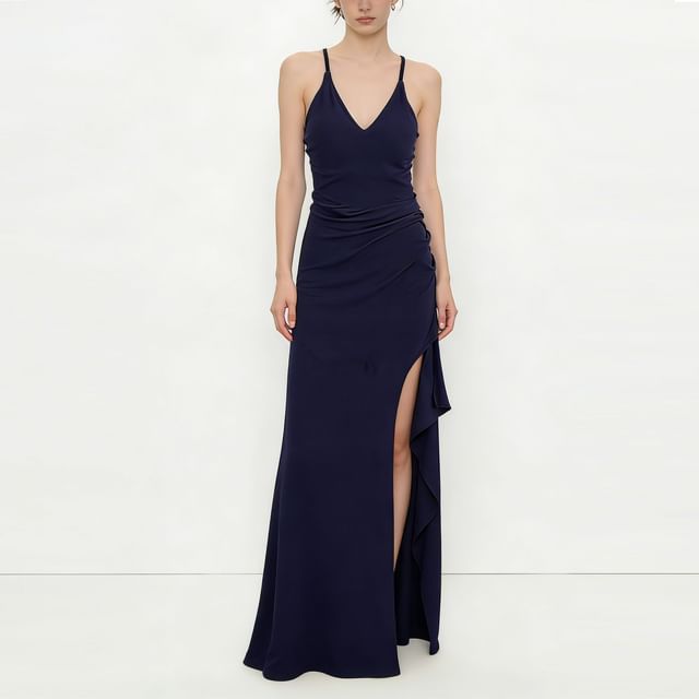 Spaghetti Strap V-Neck Plain Side-Slit Maxi Sheath Dress
