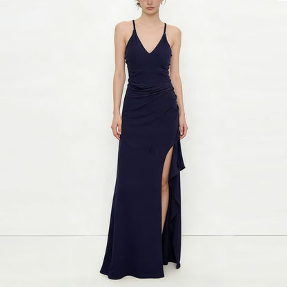 Spaghetti Strap V-Neck Plain Side-Slit Maxi Sheath Dress