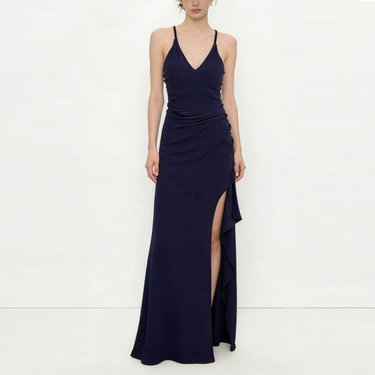 Spaghetti Strap V-Neck Plain Side-Slit Maxi Sheath Dress